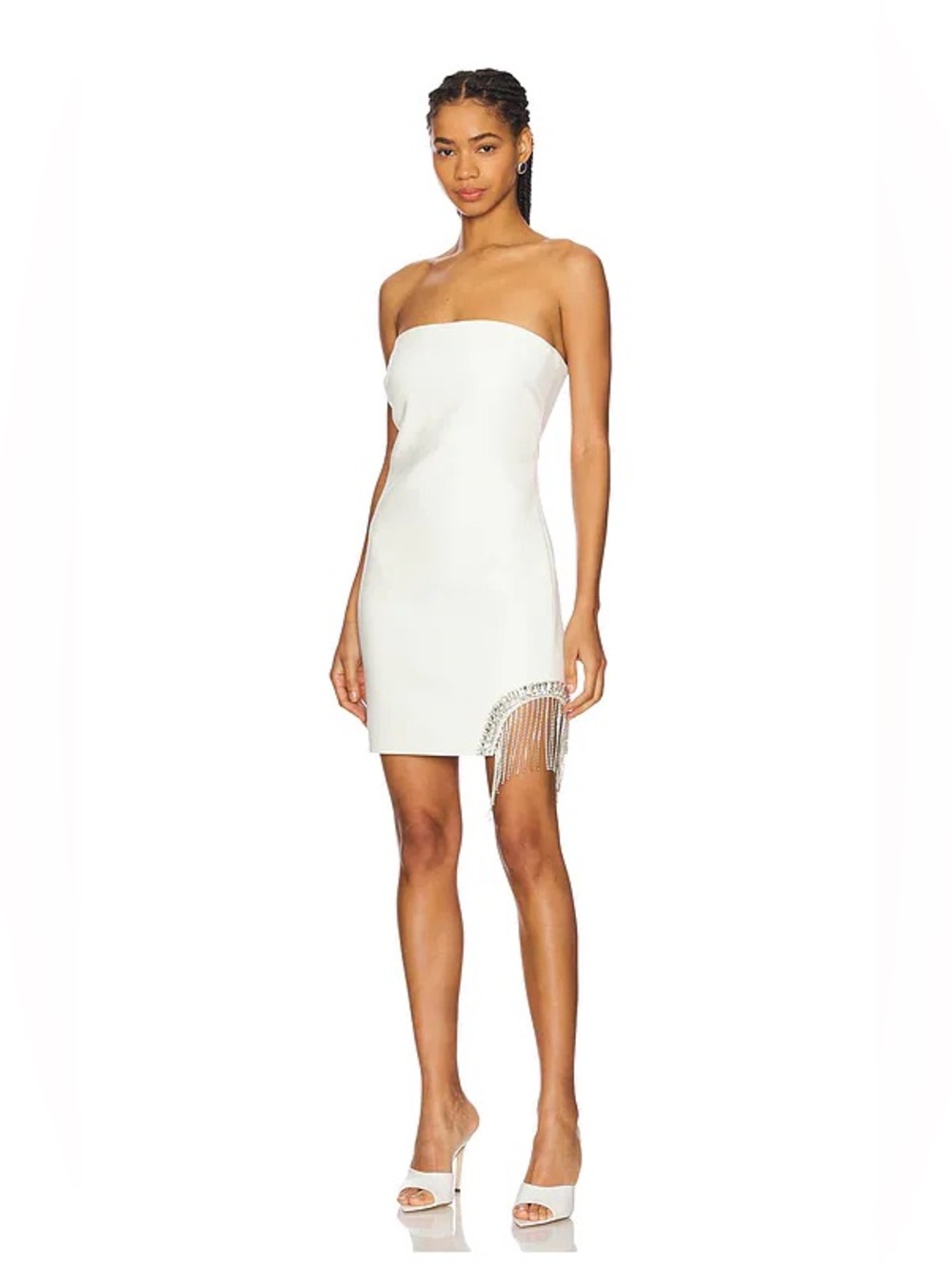 Revolve White Strapless Mini Dress Rhinestone Fringe graduation bridal reception